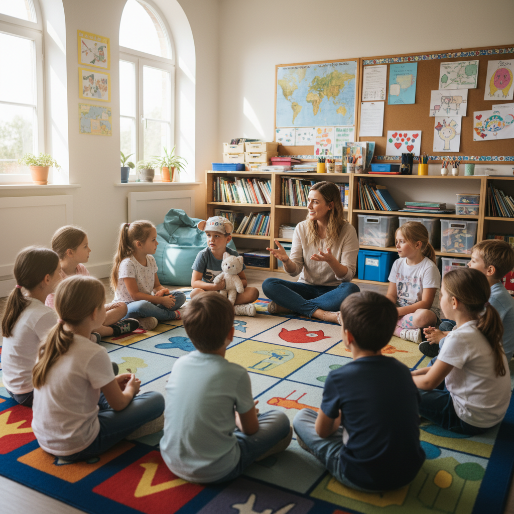 Children sitting in a circle on a colorful rug in a bright classroom, engaged in learning