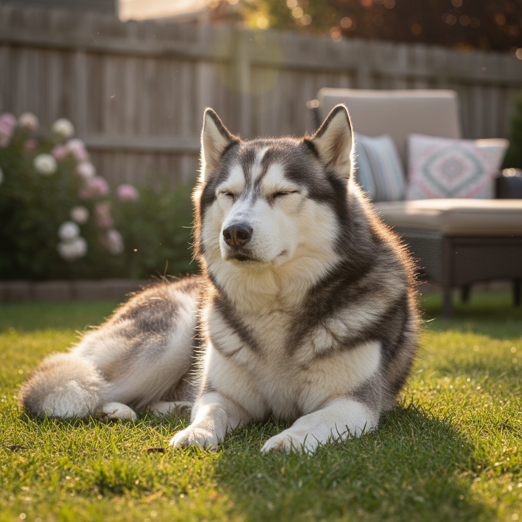 Mature husky with silver muzzle resting peacefully in sunny backyard, clearly at home