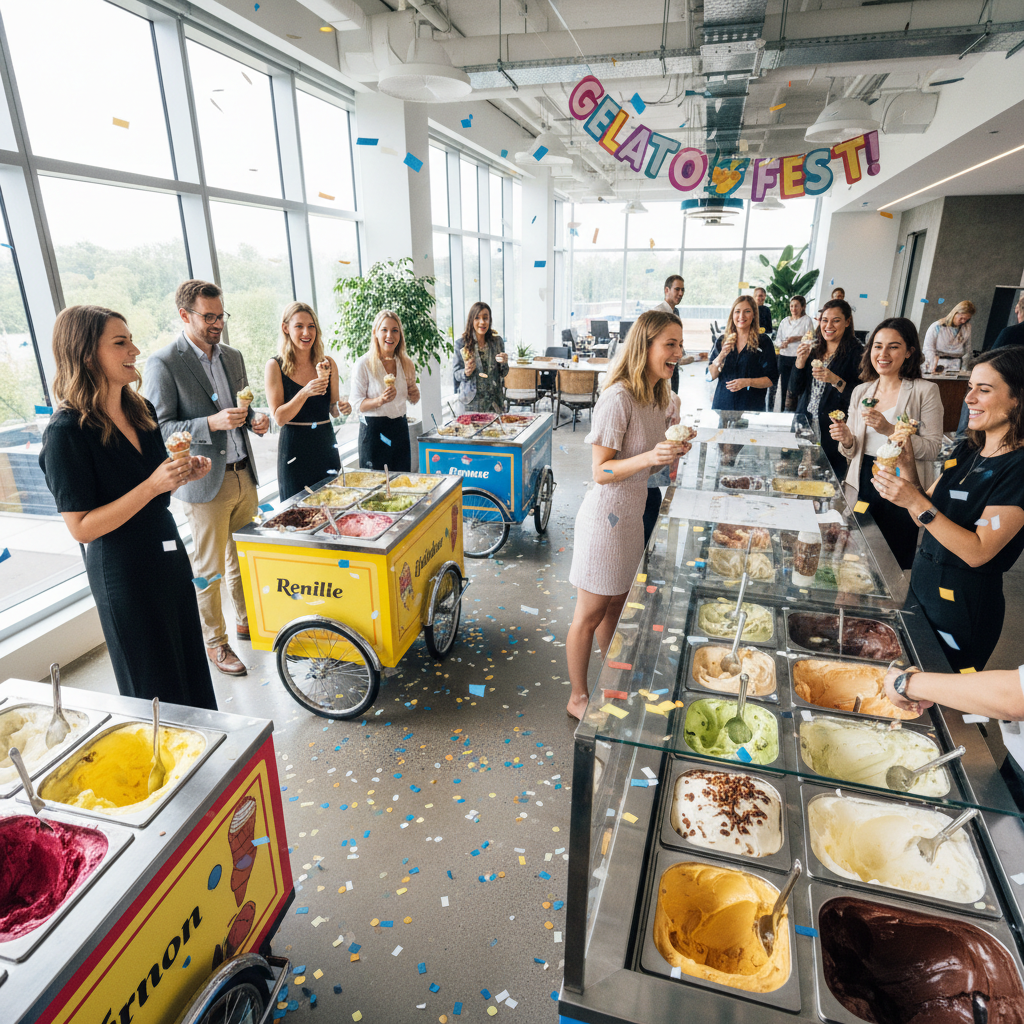 Creative agency rooftop party with gelato service at dusk