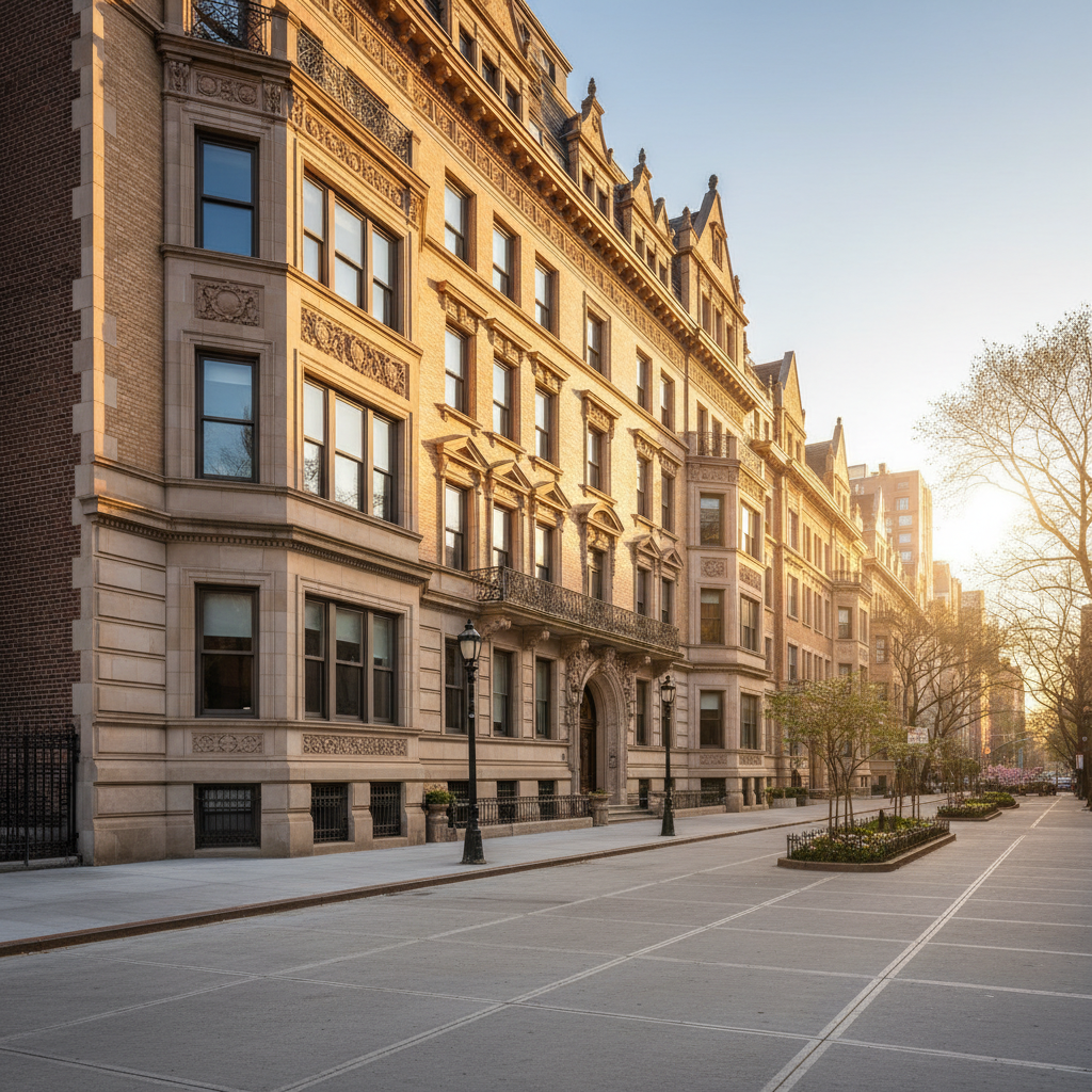 Morningside Heights pre-war co-op building with clean gutters and dry sidewalk after Gutter NYC quarterly service