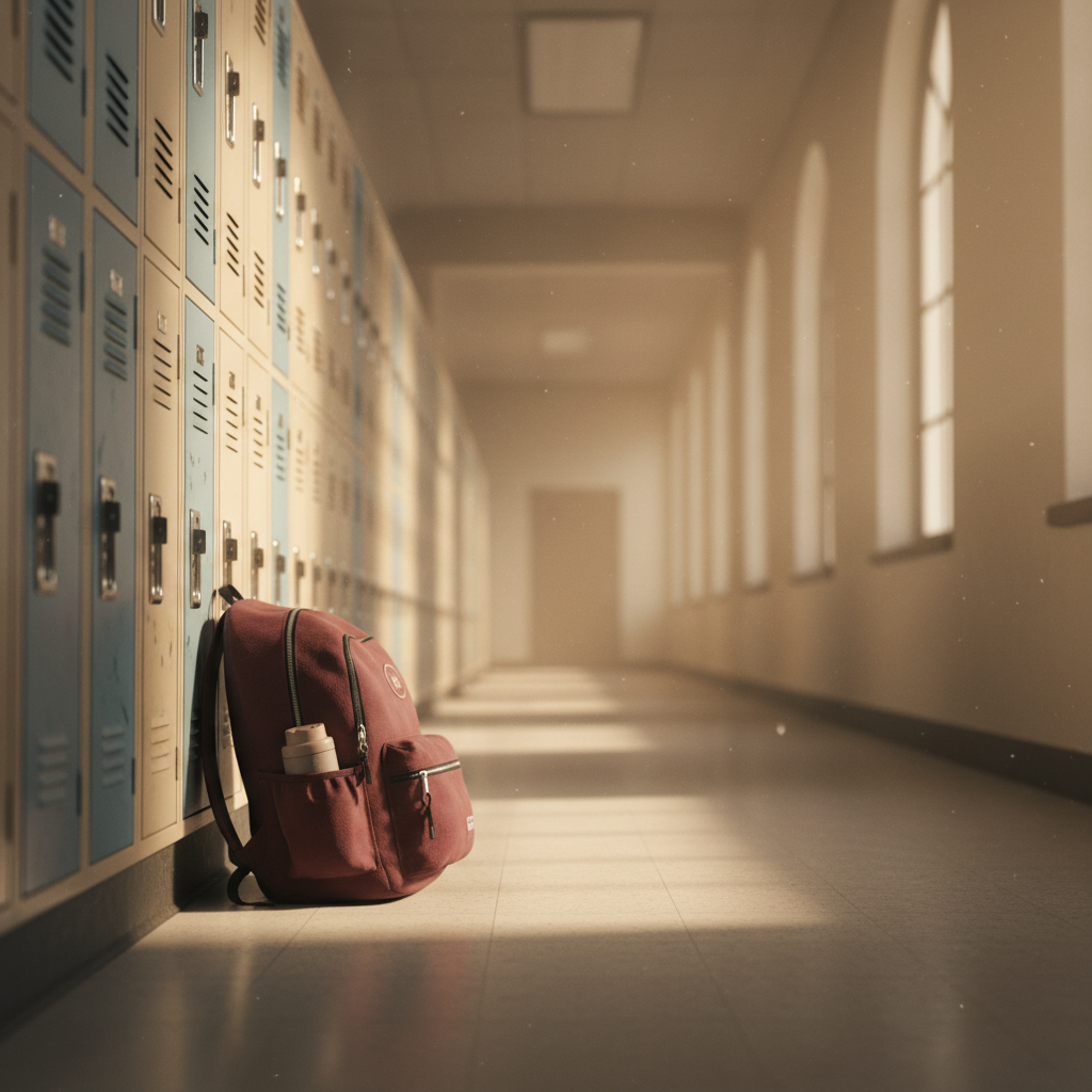 School hallway at golden hour with lockers receding into soft focus and a single backpack leaning against the wall