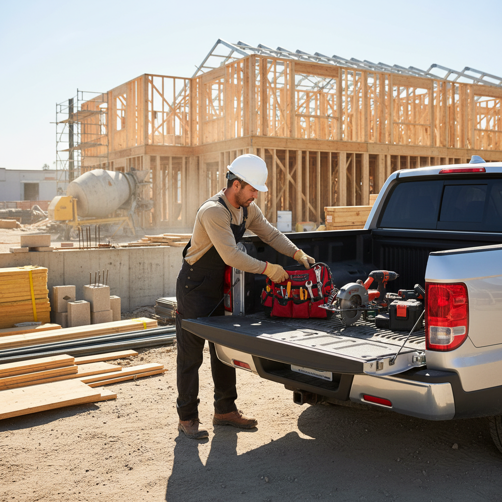 Latino contractor loading tools into the bed of a silver Honda Ridgeline pickup truck at a job site