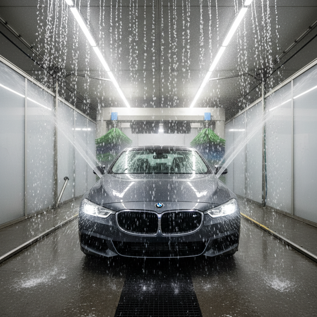 Car going through an automated express rinse wash tunnel with water jets