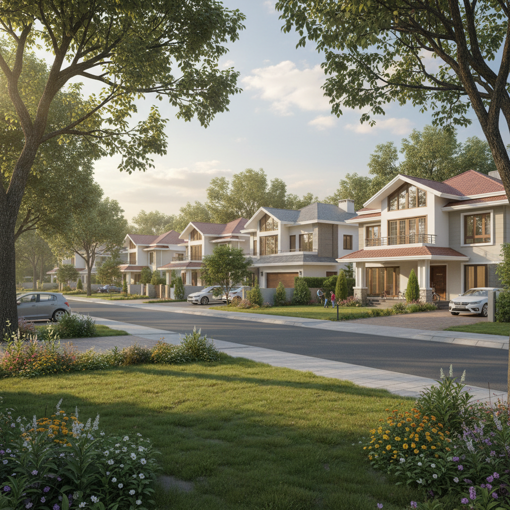 Row of newly built residential houses in a gated estate, manicured lawn, bright afternoon light