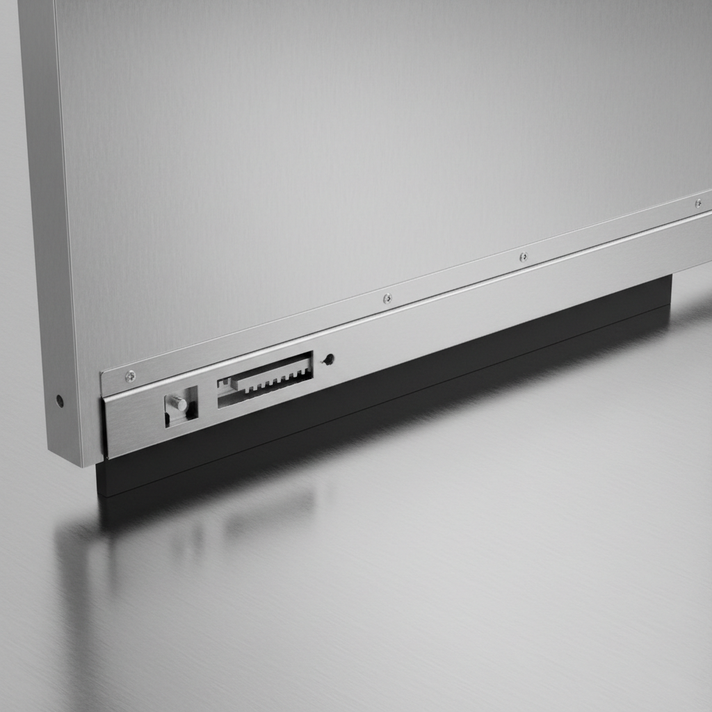 Mortised automatic door bottom mechanism installed in commercial door showing neoprene wiper in deployed position