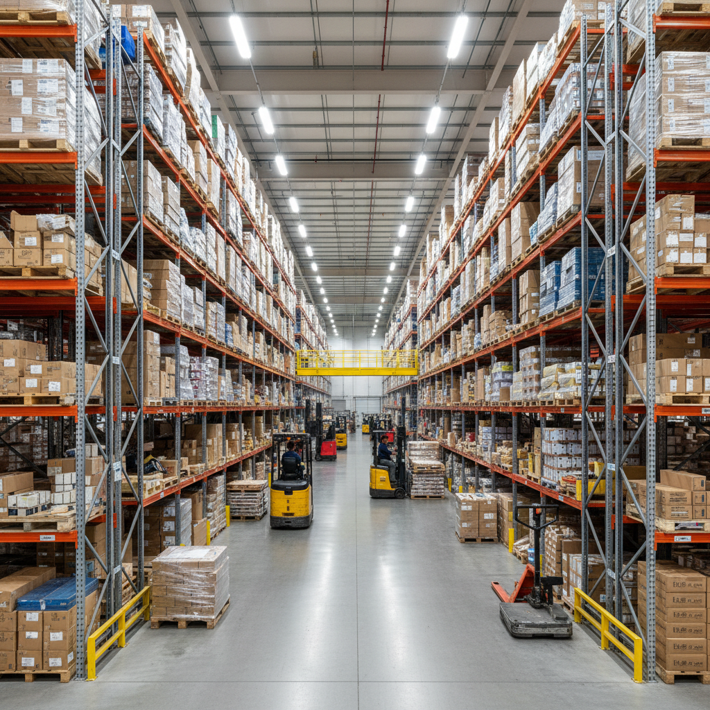 Wide shot of massive distribution warehouse interior with rows of shelving and forklifts