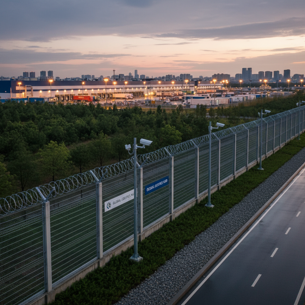Security patrol vehicle driving through an industrial estate at night
