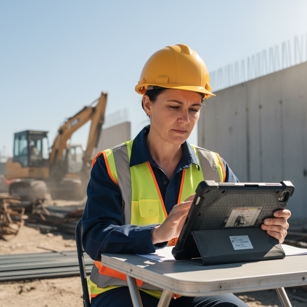Fleet manager reviewing repair documentation on a tablet at a construction site