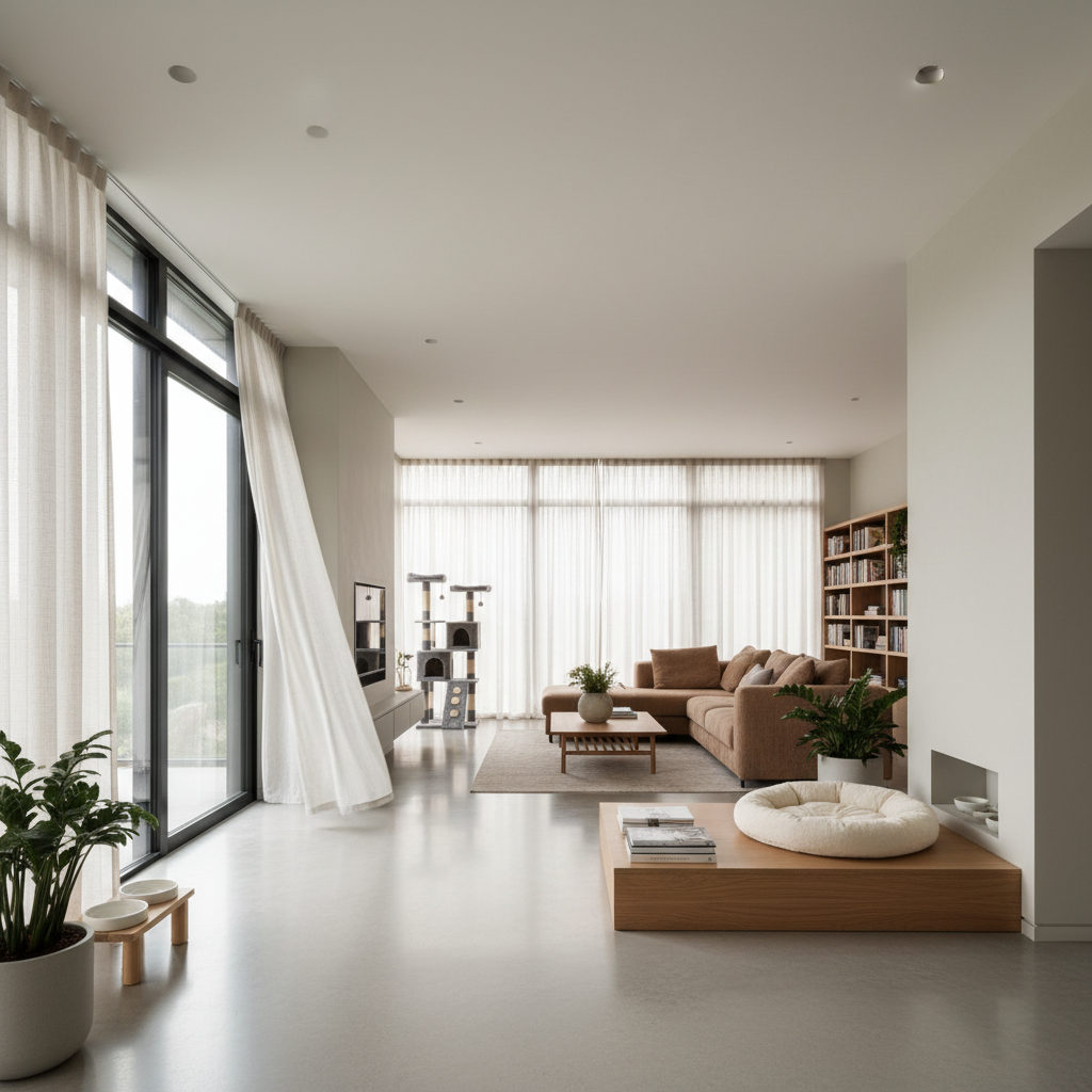 Open plan living space with integrated pet zones and natural light