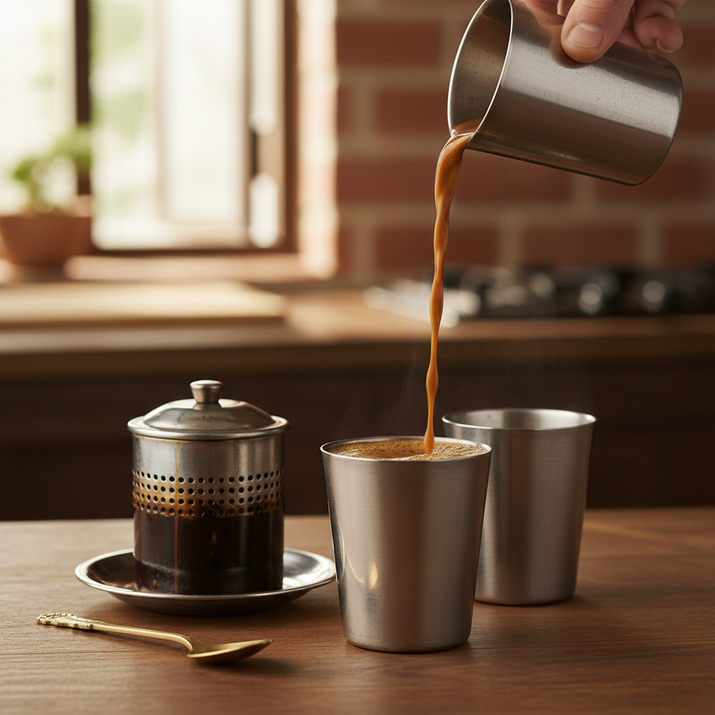 Steel tumbler of filter coffee with frothy top