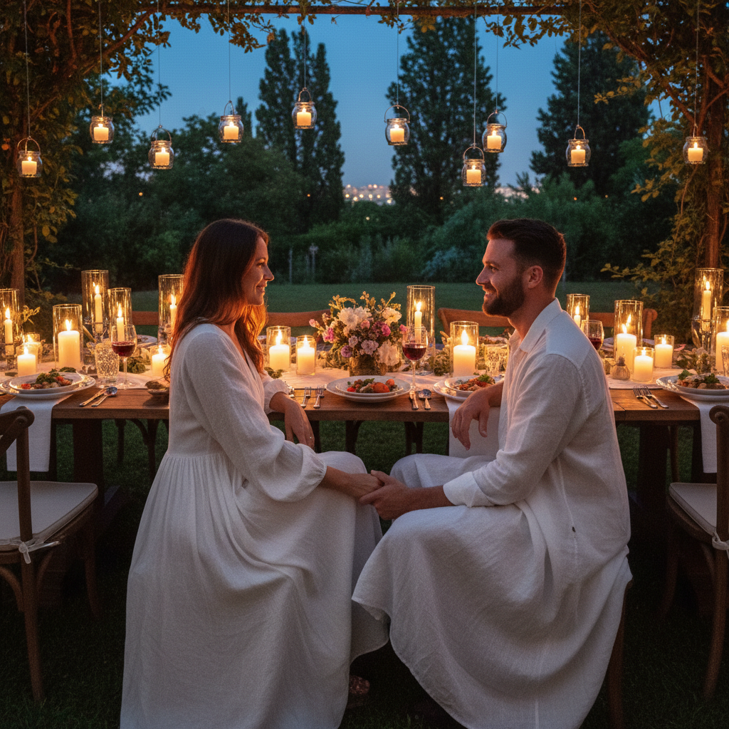 Couple on a first date sharing a dessert and smiling across a candlelit table