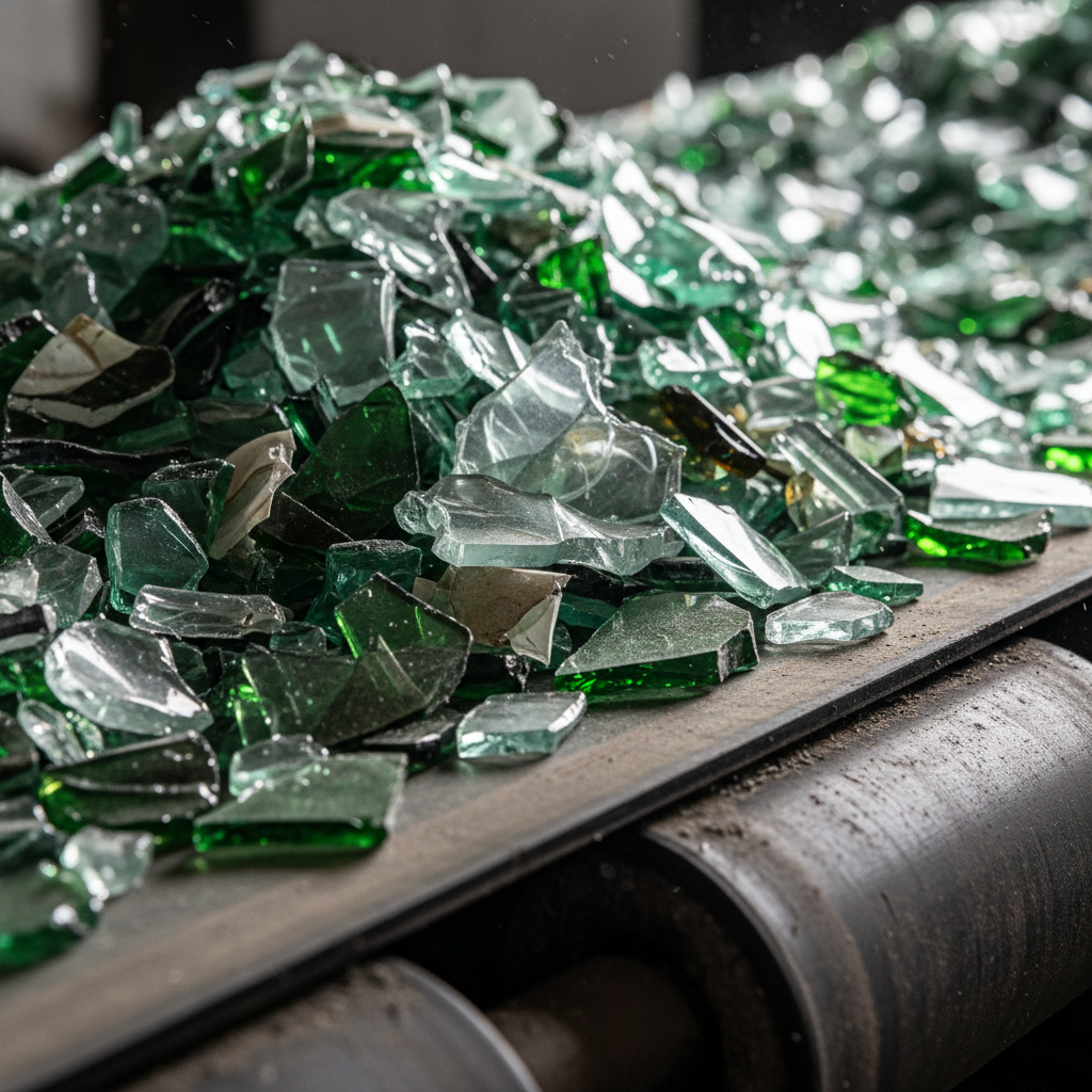 Recycled glass cullet in various green and clear shades piled on an industrial surface ready for the furnace