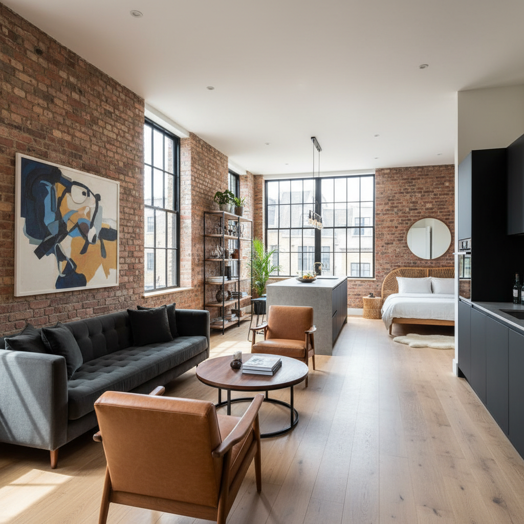 Designer furnished one bedroom apartment in Shoreditch London with exposed brick and modern furnishings