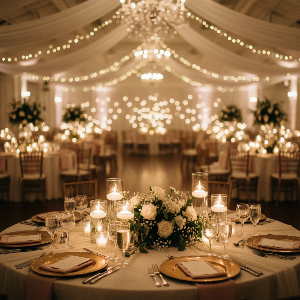 Romantic wedding scene with soft candlelight, floral arrangements, and elegant table settings in a dimly lit hall