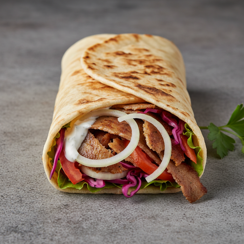 Classic kebab wrap with grilled meat and fresh vegetables on warm flatbread, close-up shot