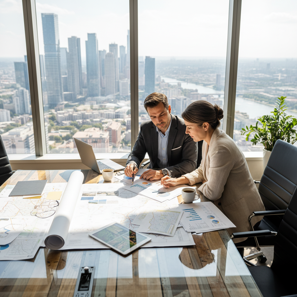 Senior business executive in suit reviewing investment documents in premium London office, dark walls, dim lighting