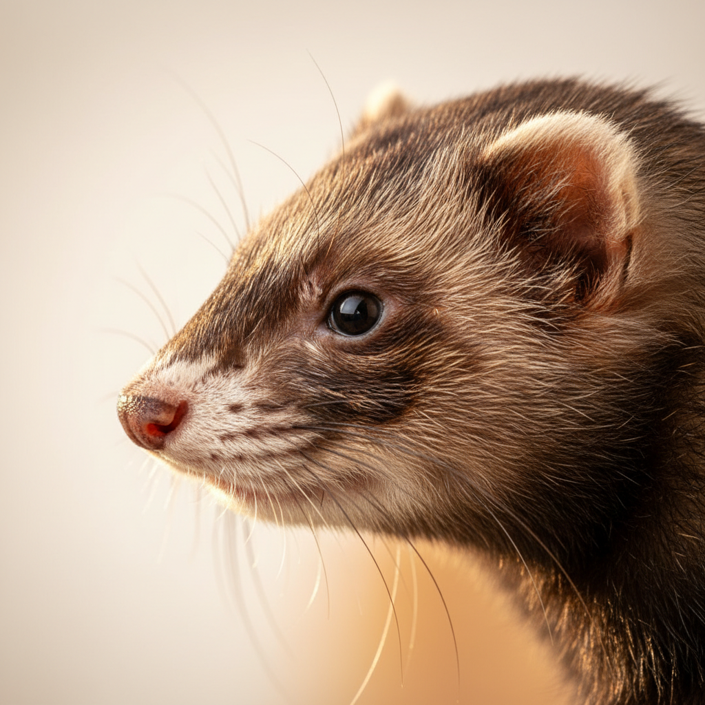 Noodle the ferret in profile portrait, sable coat catching warm studio light, whiskers sharp against soft background