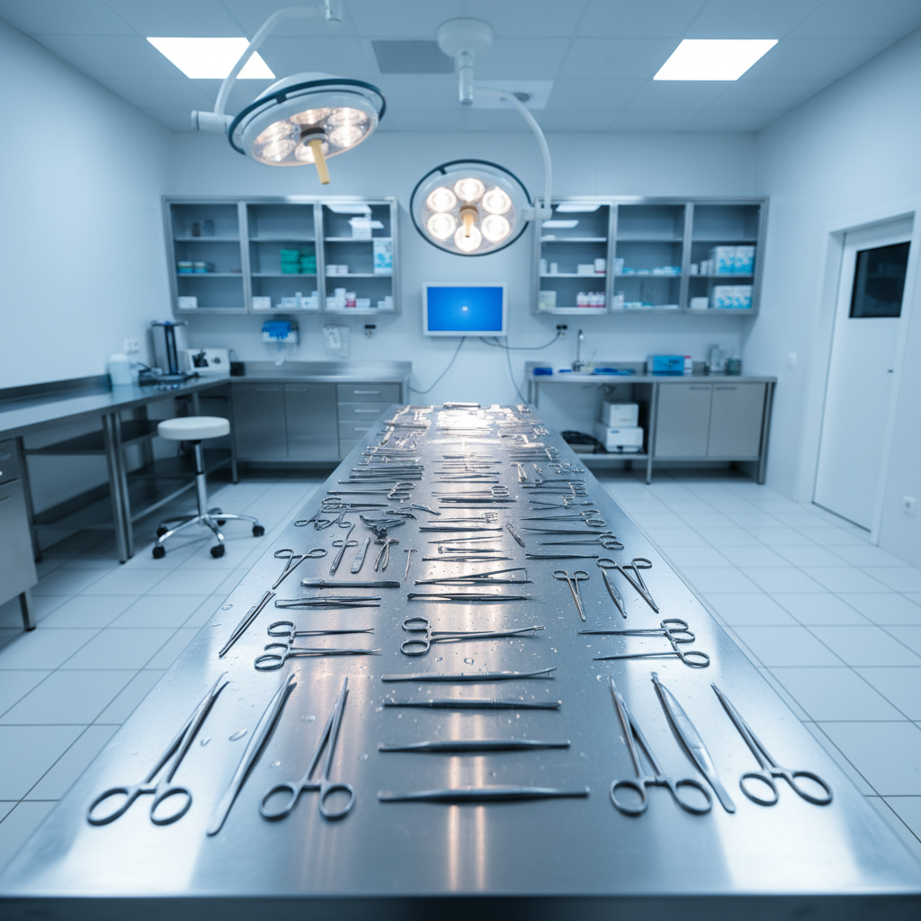 Veterinary surgical suite after hours — gleaming instruments under pendant lights, empty and still