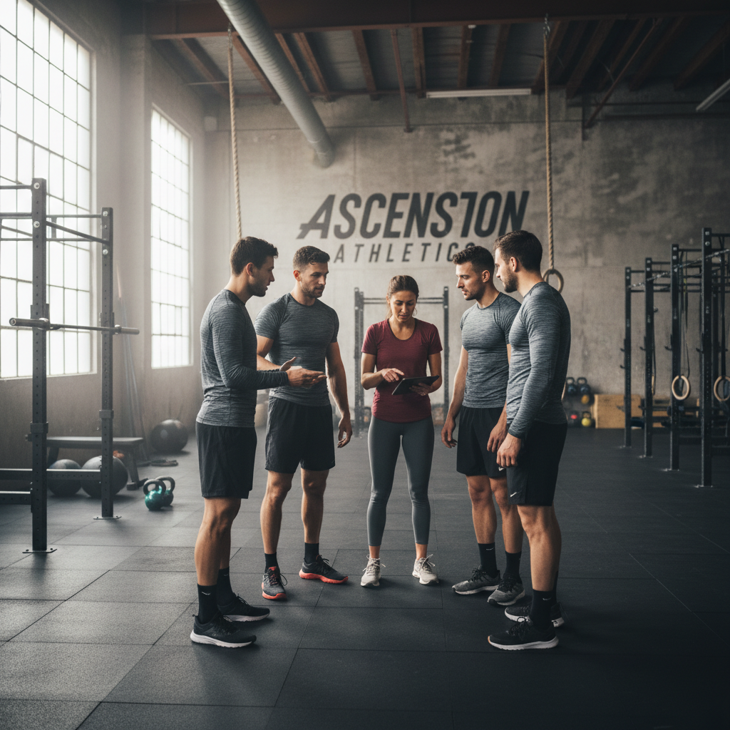 Group of athletes in a training facility having a discussion, candid black and white photograph