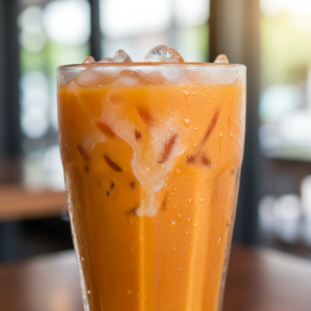 Condensation dripping down a tall glass of Thai iced tea, orange and milky