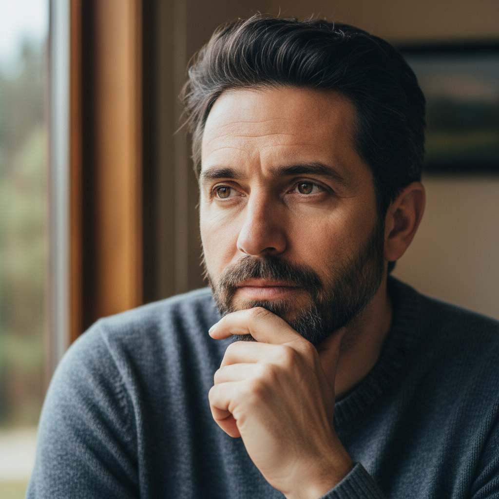 Portrait of Arjun Mehta, a man in his 40s with a thoughtful look