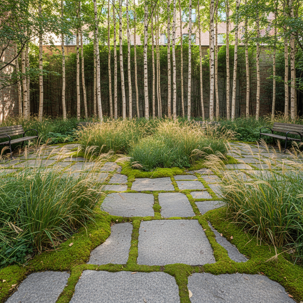 Urban courtyard garden with moss-covered granite pavers, ornamental grasses and vertical birch screening
