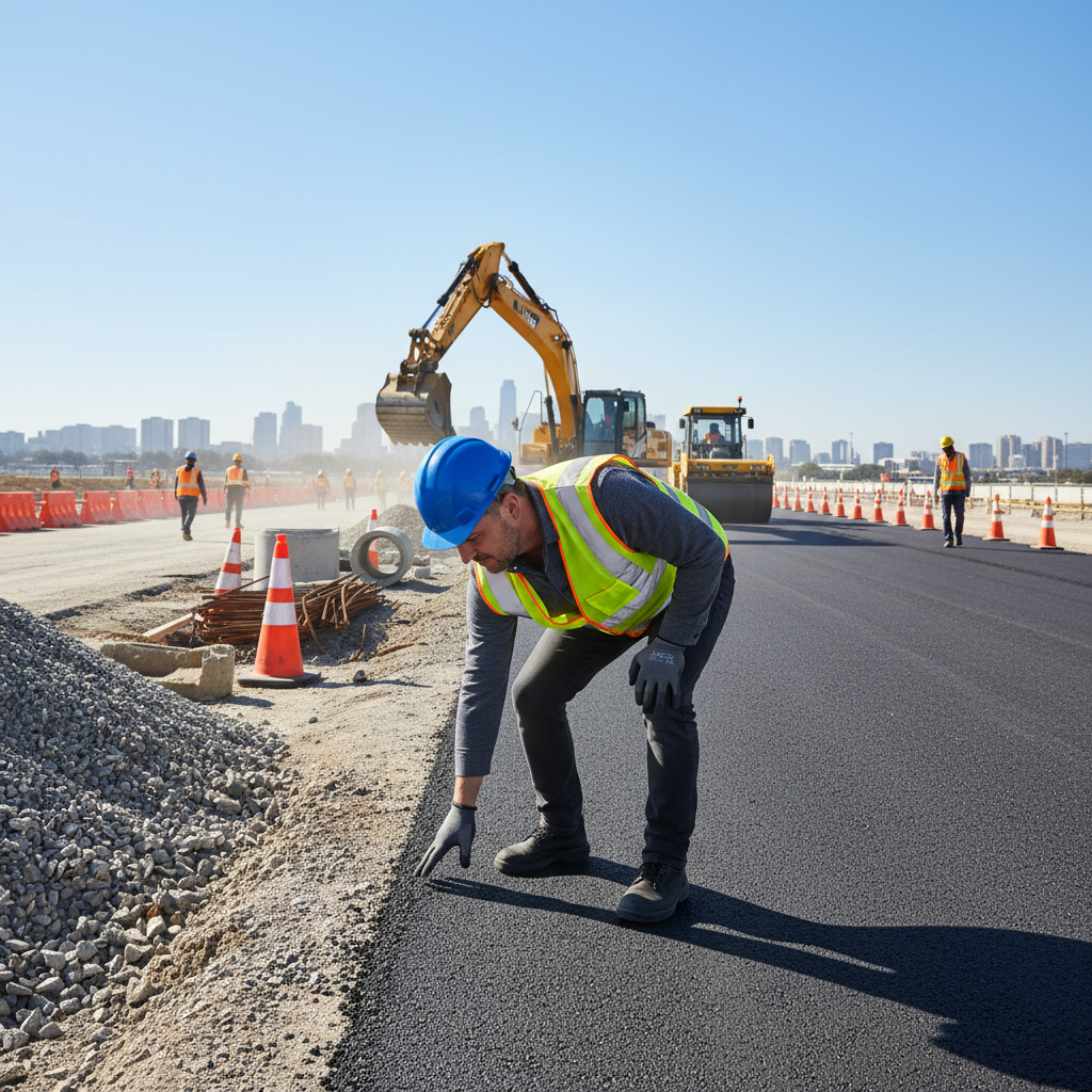 Tony Markulic, Slab asphalt foreman, standing on a freshly laid asphalt surface in hi-vis vest and hard hat