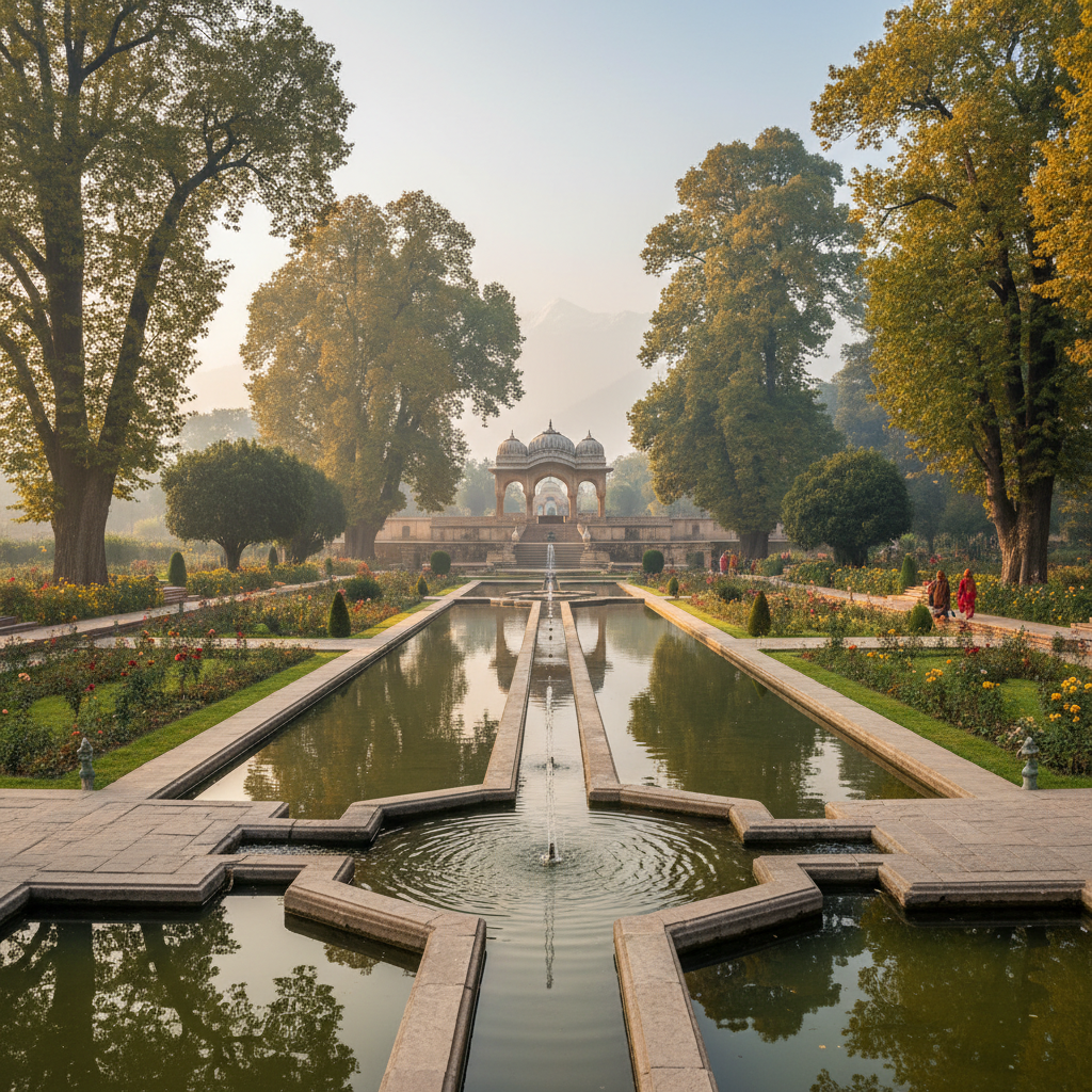 Shalimar Bagh Mughal garden with terraced fountains and chinar trees reflected in still water channels