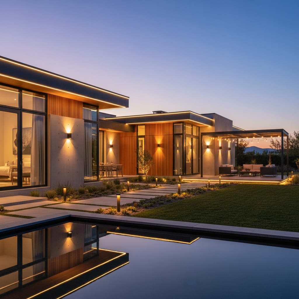 AI-rendered twilight exterior of modern home with pool and landscape lighting