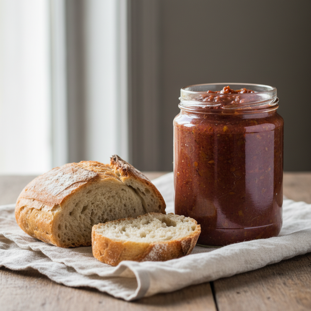 Zacuscă spread in glass jar with crusty bread slices on linen cloth