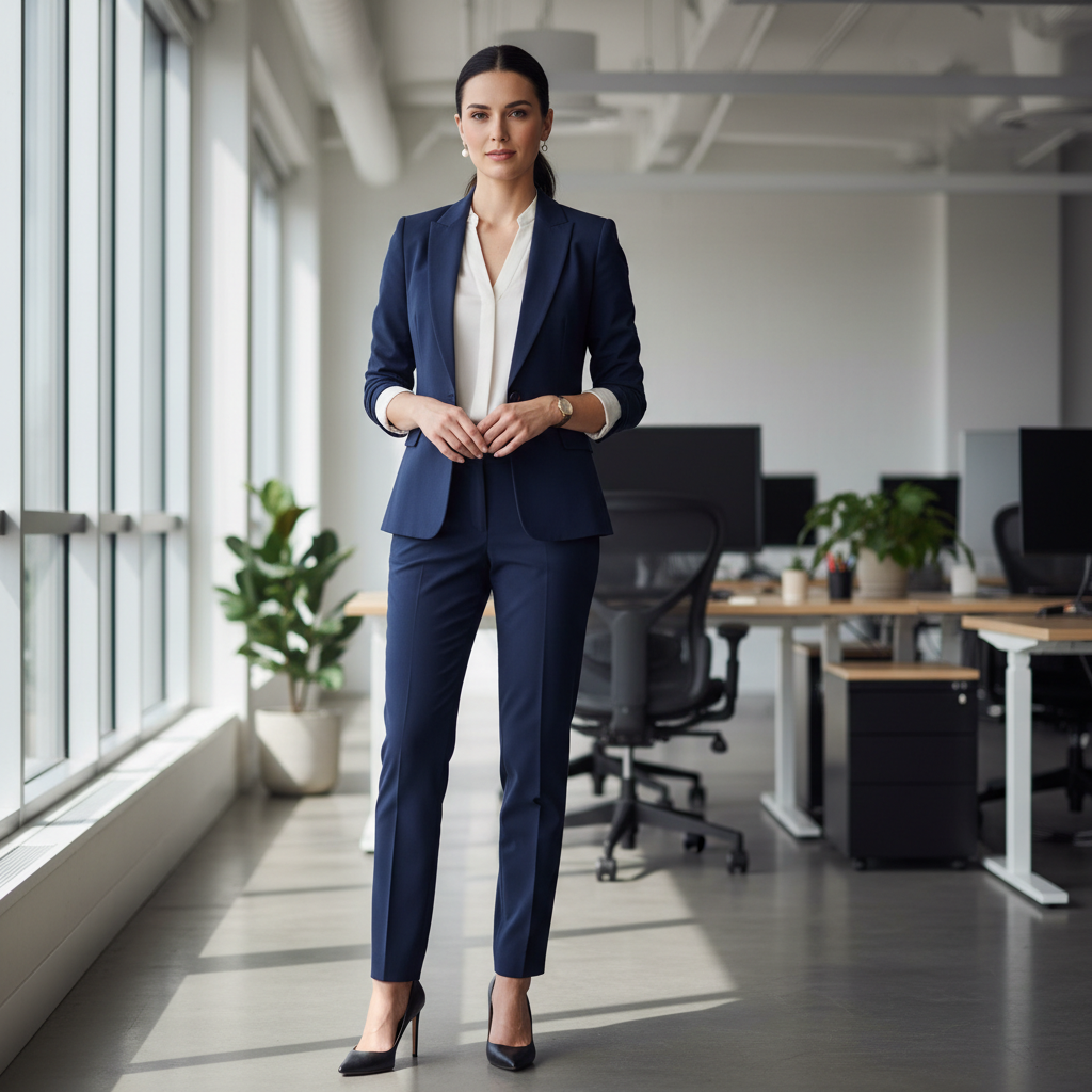 Professional woman in tailored navy power suit in modern office