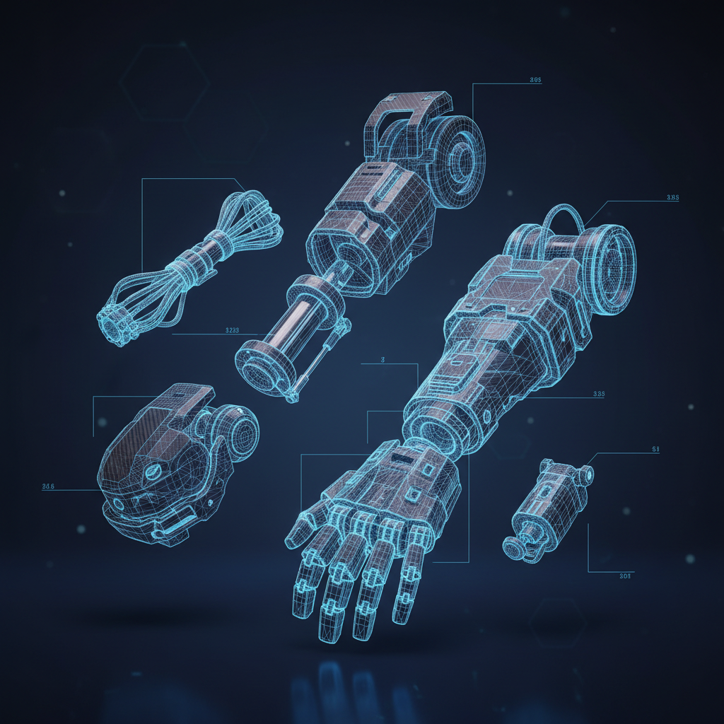 Hard-surface mech arm prop breakdown with wireframe overlay on dark background
