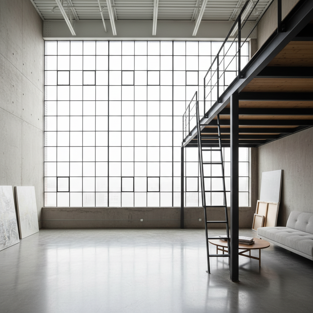 Double-height studio with polished concrete floors, oversized north-facing windows, and a compact sleeping loft accessed by steel ladder