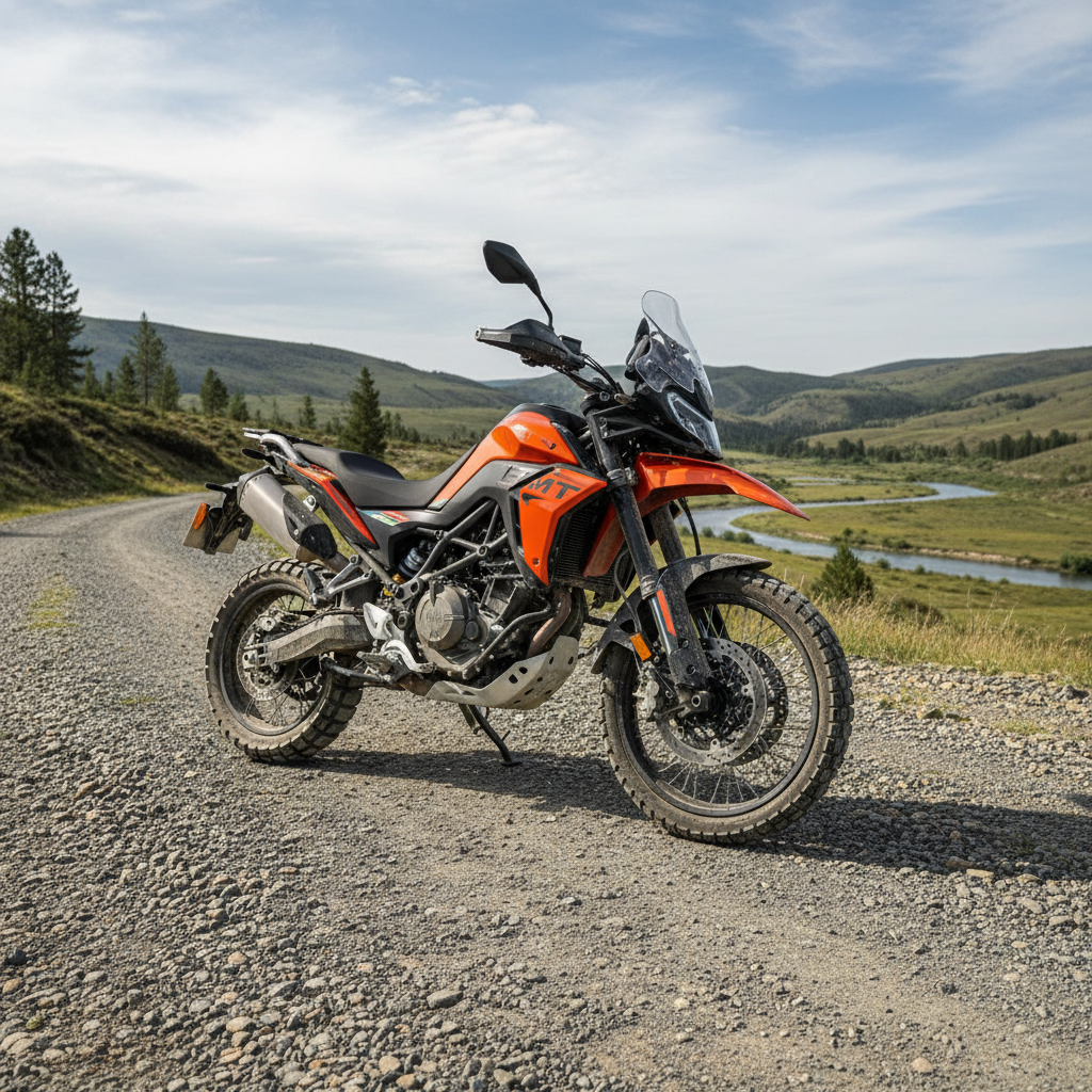 CFMOTO 800MT adventure en terreno mixto con equipamiento completo