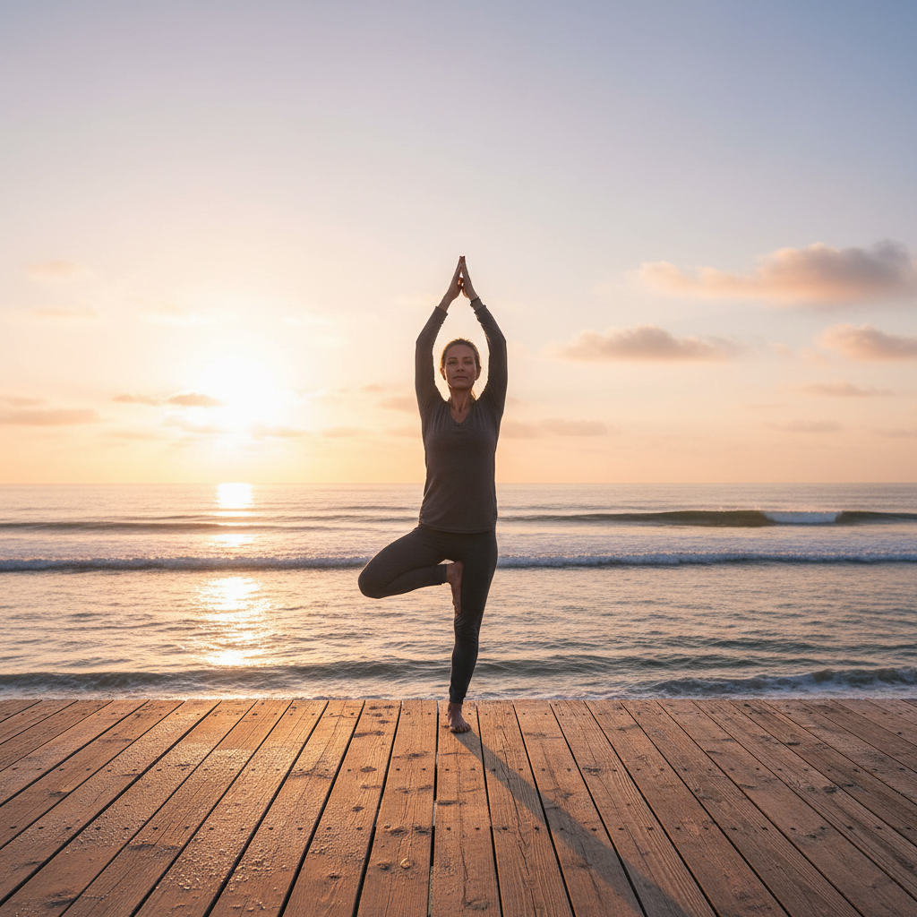 Yoga practitioner in warrior pose on wooden overwater deck at sunrise, calm turquoise ocean surrounding the platform, golden morning light