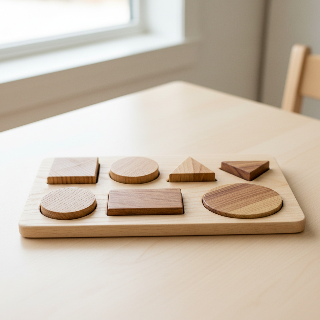 Natural wooden shape sorting box with colorful geometric pieces on a light background
