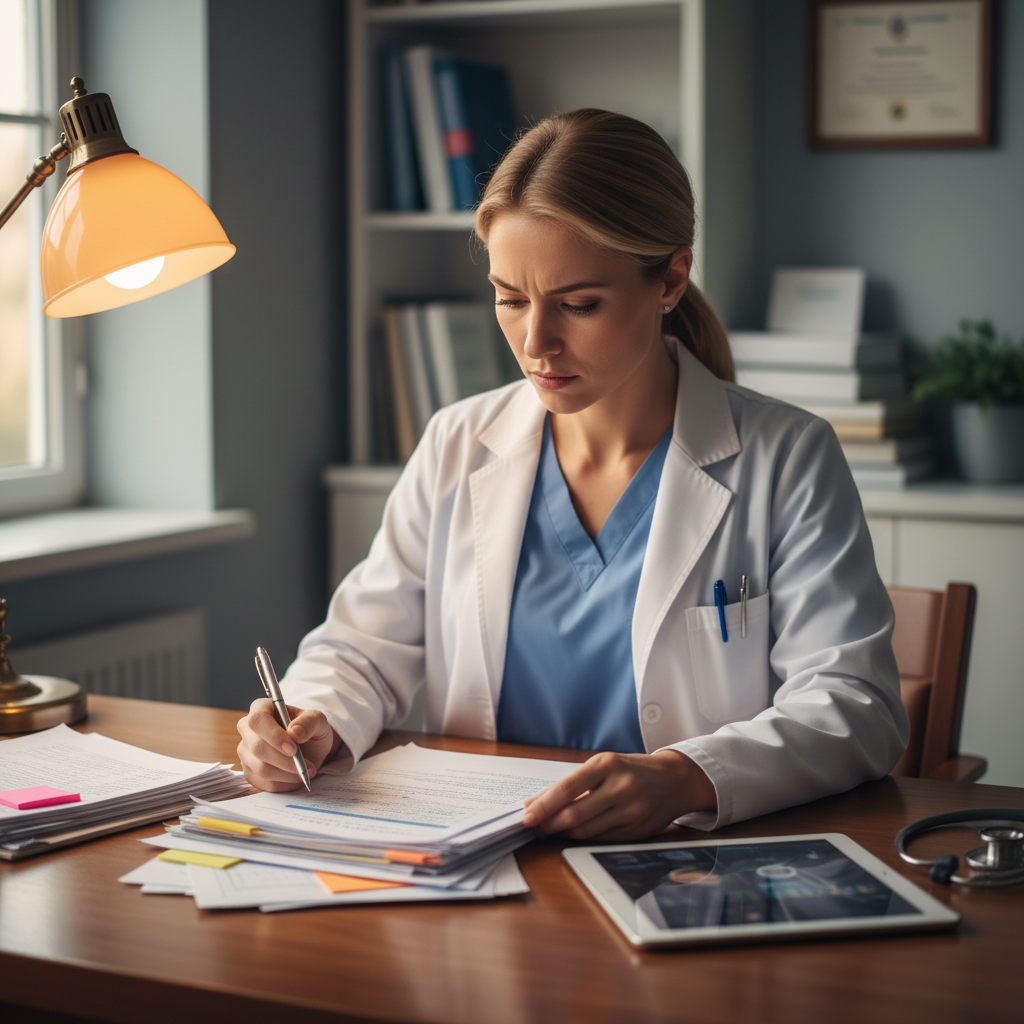 Surgeon in consultation room reviewing patient charts under warm lighting