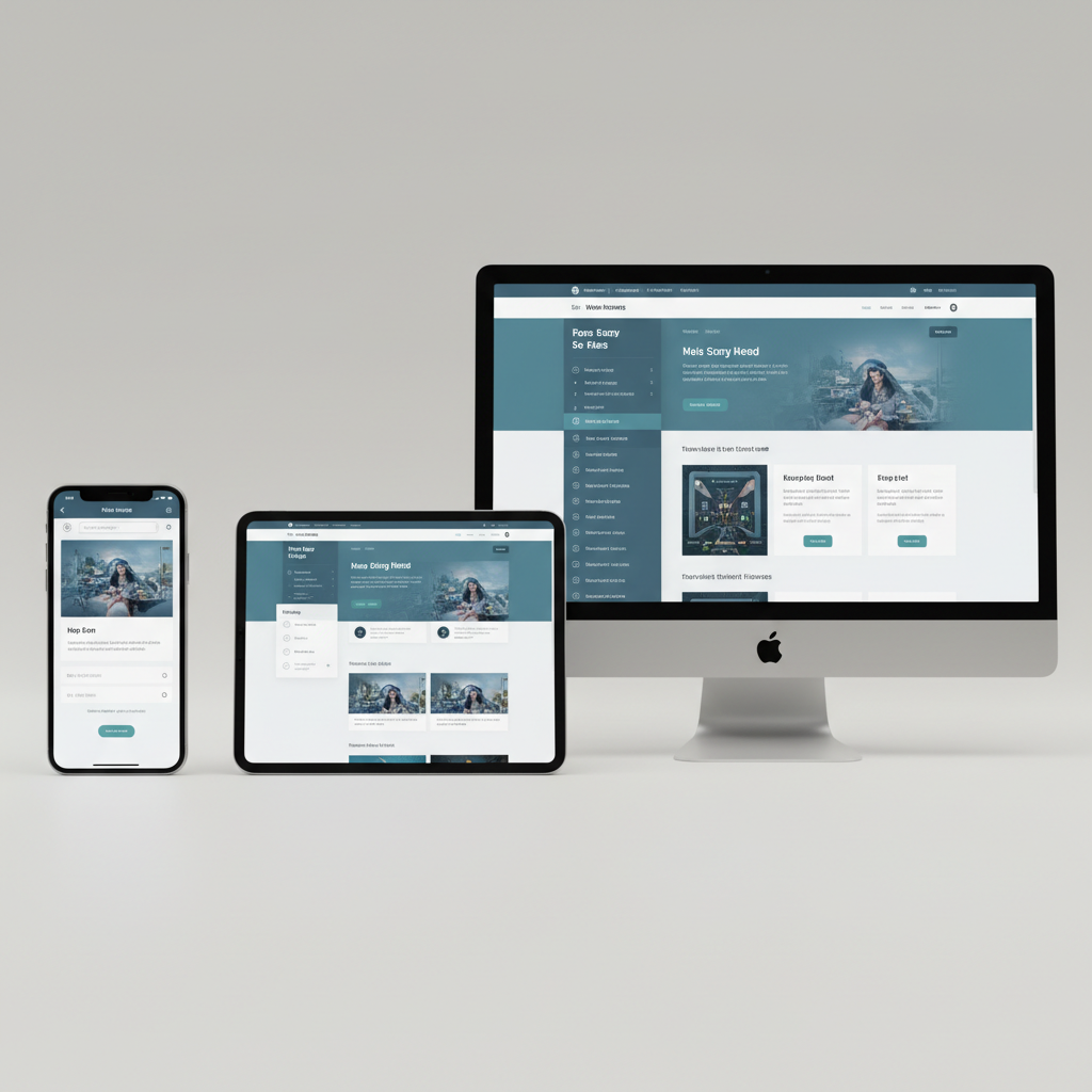 Website design mockups on multiple devices including desktop, tablet, and smartphone, clean professional presentation
