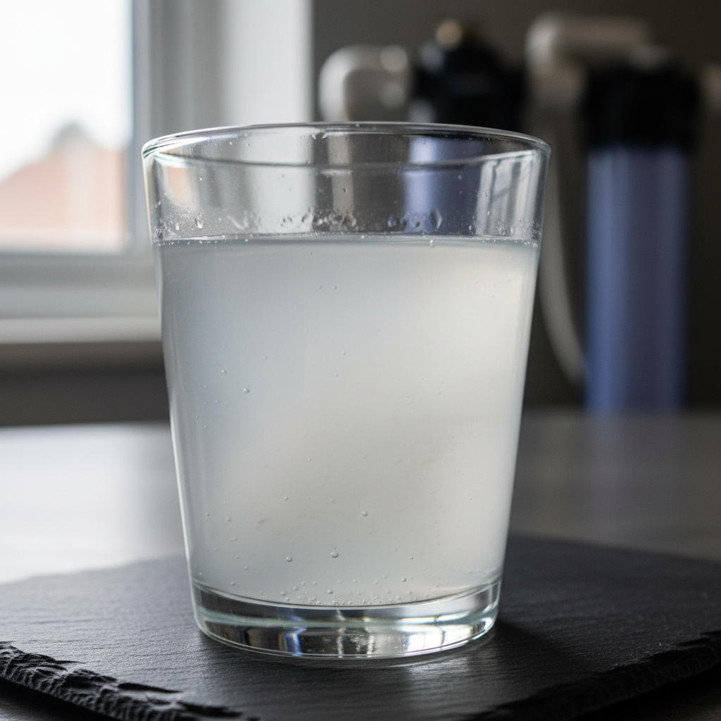 Glass of cloudy hard water before treatment