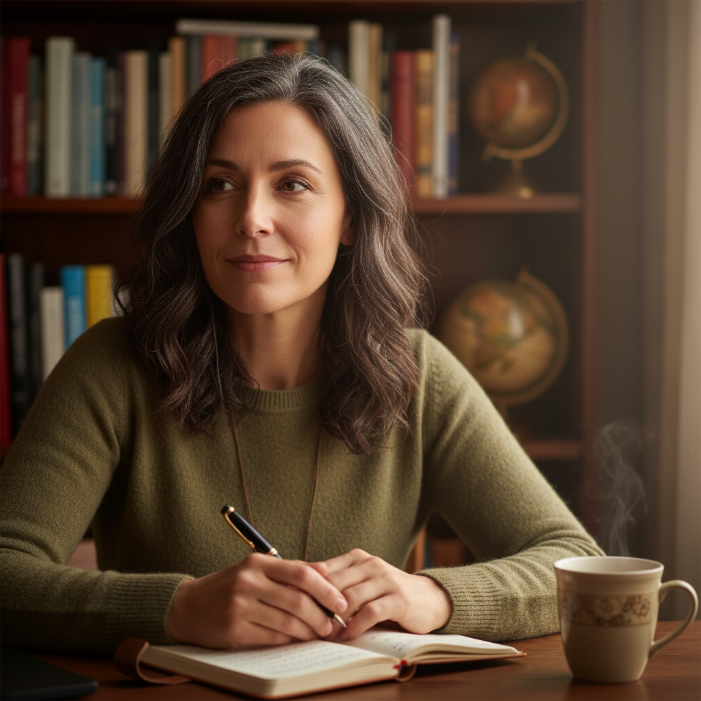 Portrait of a woman author, confident expression, professional literary setting