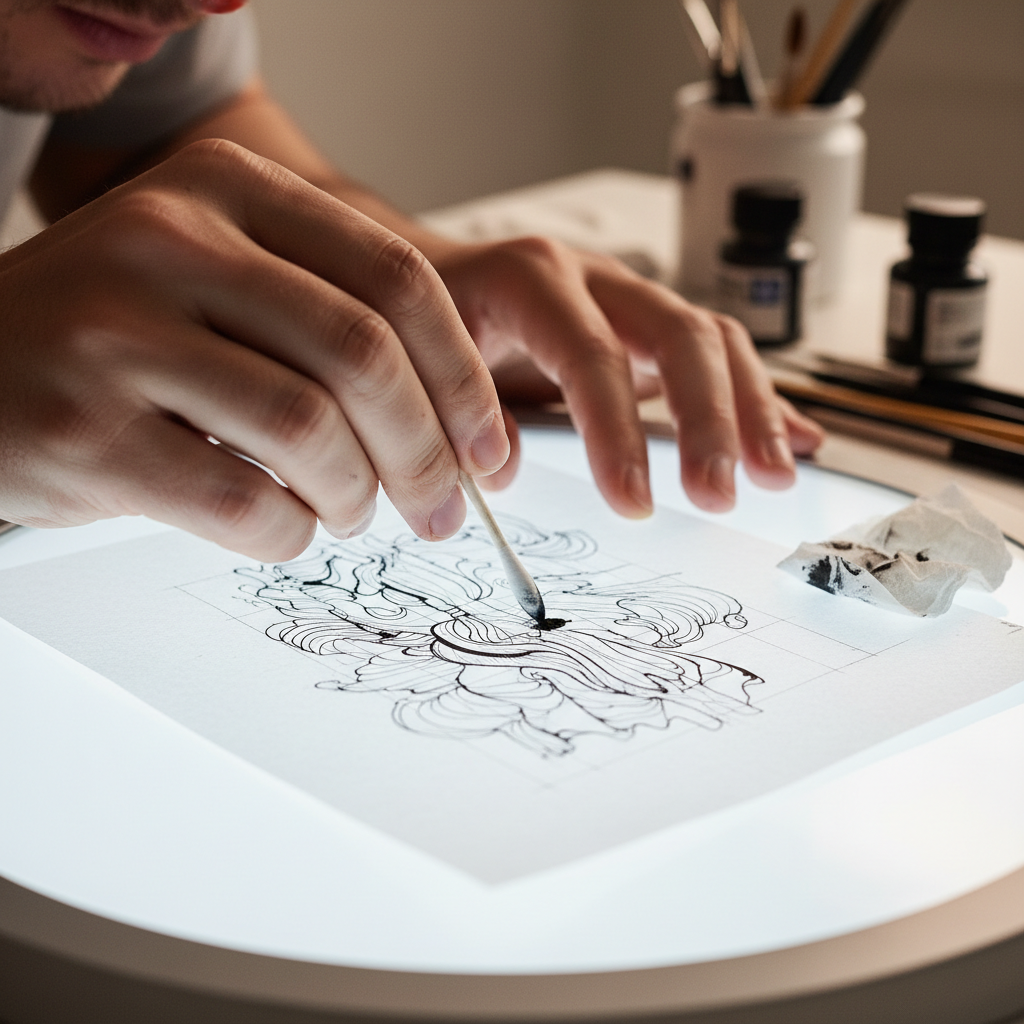 Process frame — clean-up ink pass on lightbox