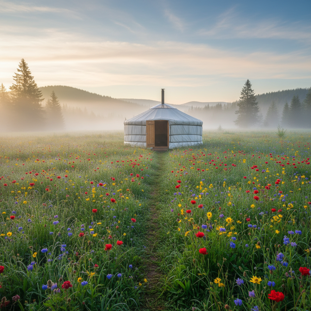 Meadowlark yurt in a green meadow with morning mist and wildflowers