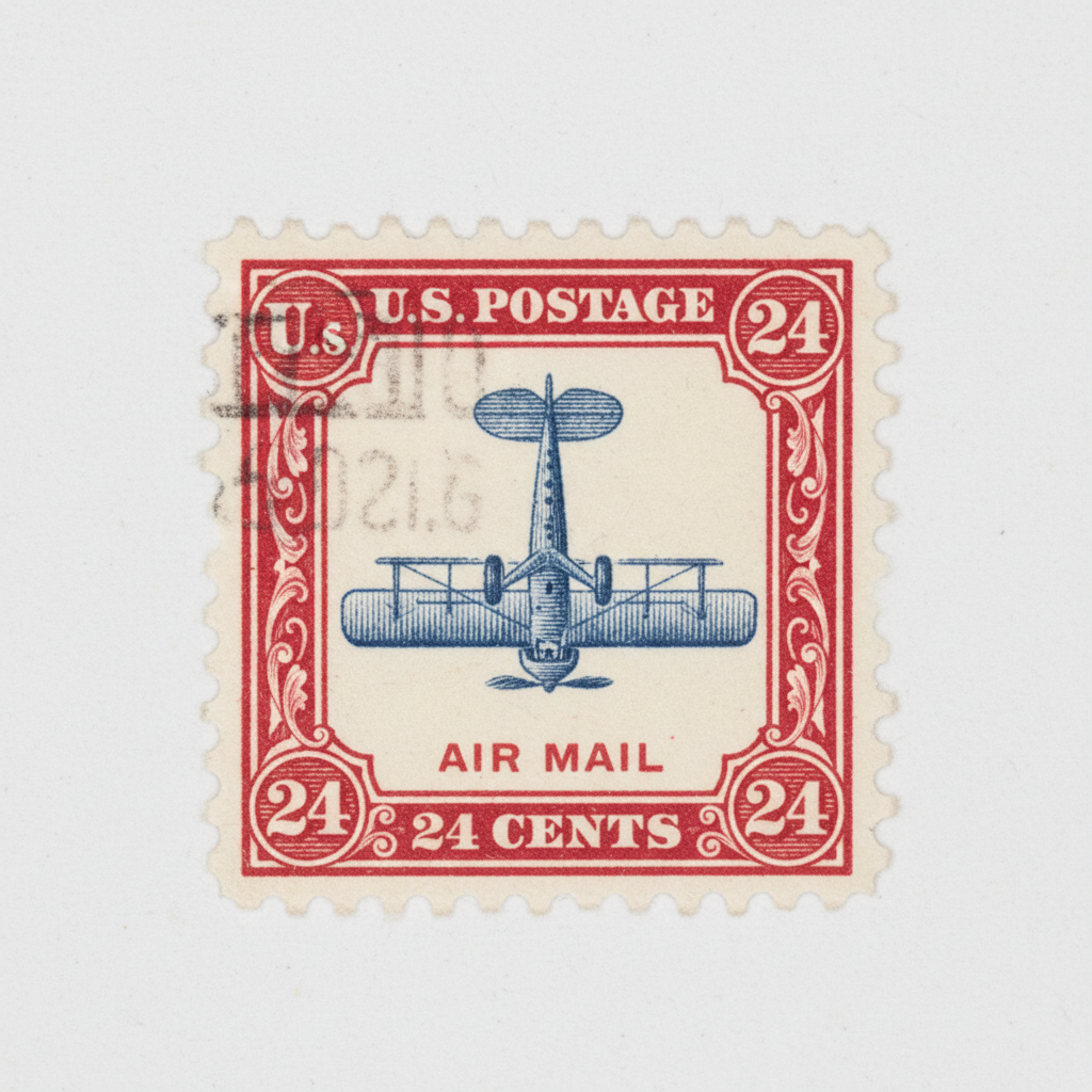 Inverted Jenny Scott C3a airmail stamp showing biplane printed upside down in blue on carmine red frame, 1918 US issue