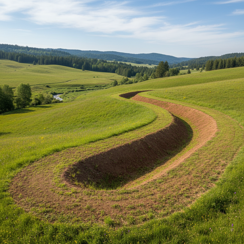 Wide view of a contour swale dug across a gentle hillside with green grass beginning to establish on the berm