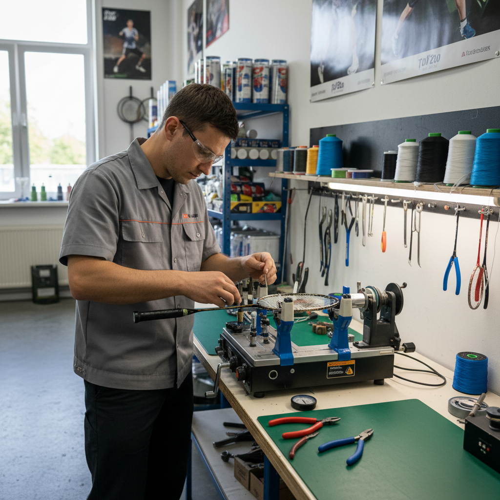 Close-up of tennis racket strings being tensioned by hand in a workshop