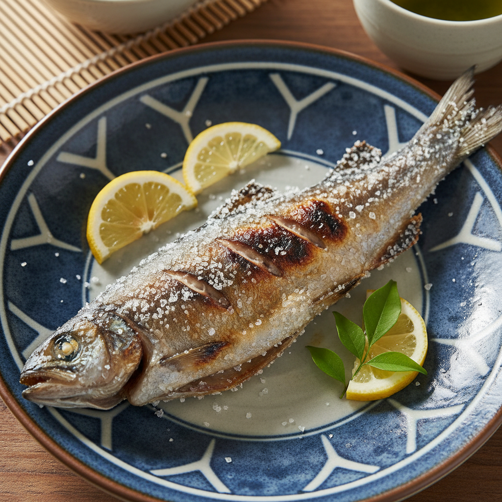 Grilled whole ayu river fish with sea salt on a traditional Japanese ceramic plate