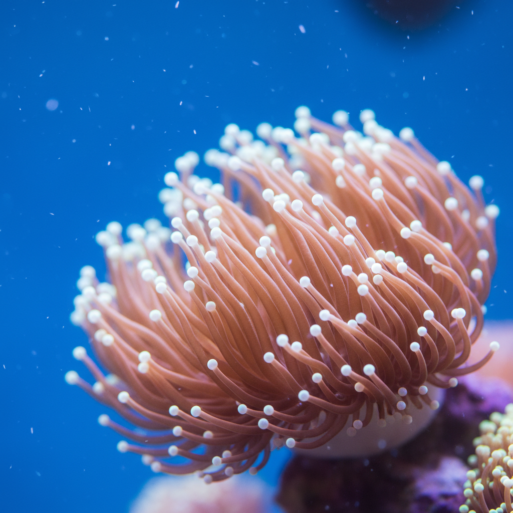 Elegance coral with long tentacles and white tips extending in blue aquarium water