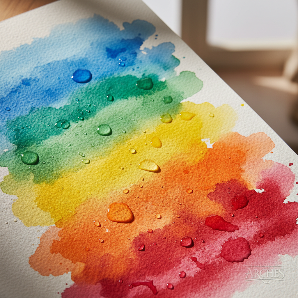 Arches cold press watercolor paper with vivid pigment sitting beautifully on textured surface