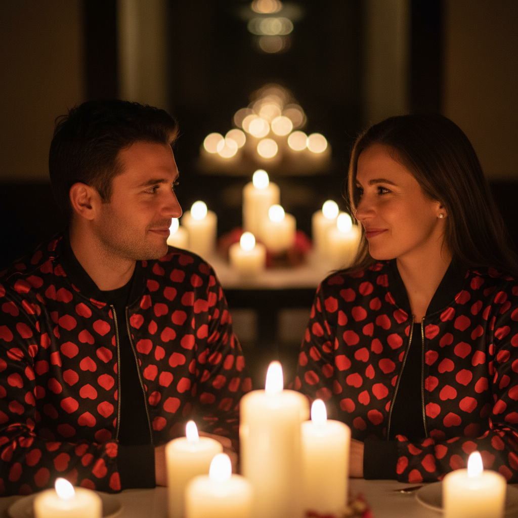 Couple in matching heart-print bomber jackets at a restaurant, candlelit table behind them