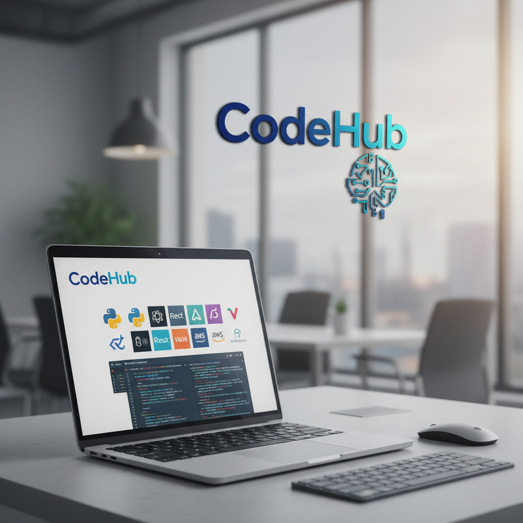 Modern laptop displaying colorful code editor with multiple programming languages on dark desk